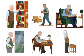 Fototapeta premium Elderly Man Daily Life and Activities Set Flat Vector Illustration