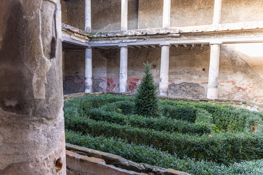 View of the peristyle courtyard with a small evergreen tree in the center of a boxwood hedge maze, surrounded by ancient stone columns and weathered walls in Pompei, Campania, Italy.