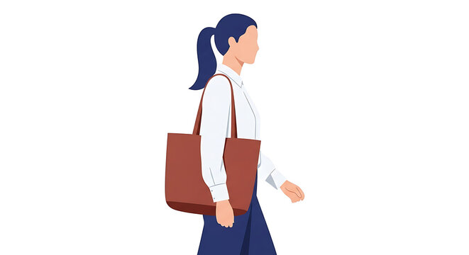 Minimalist flat illustration of a professional woman walking with a large tote bag showcasing a modern business woman and urban lifestyle concept