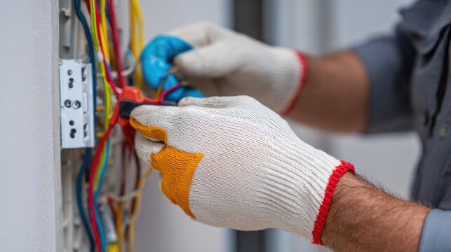Electrician hands in work gloves wiring electrical panel closeup