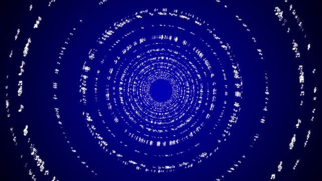 4K Abstract Music Notes music notes tunnel camera zooming animation.
