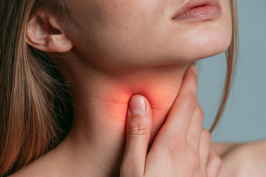 Young Woman Touching Sore Throat with Glowing Red Spot Indicating Neck Pain or Thyroid Inflammation