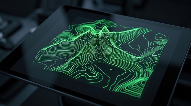 Futuristic Digital Tablet Displaying Green 3D Topographic Map and Geographic Data Visualization