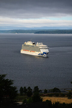 Seattle - August 1, 2026; Royal Princess cruise ship turning on Elliott Bay while arriving in Seattle after Alaska Cruise
