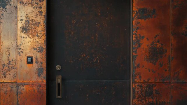 A closed metal door with a weathered, rusty finish and red patches of corrosion stands in front of two rusted panels on either side, creating an entrance that evokes mystery and curiosity.
