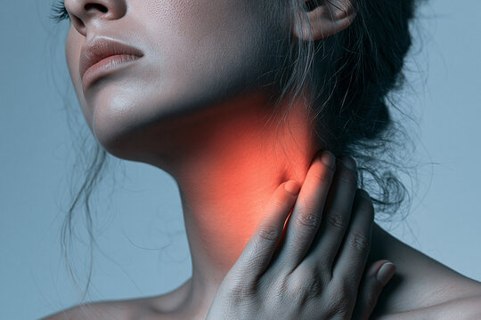 Young Woman Touching Sore Throat with Glowing Red Spot Indicating Neck Pain or Thyroid Inflammation