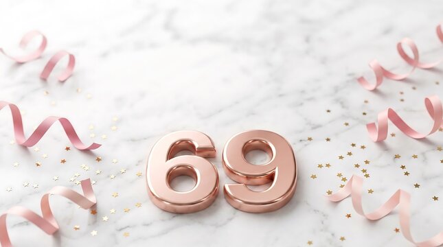 Minimalist pink confetti background with stylish copper 69 number display for celebrations