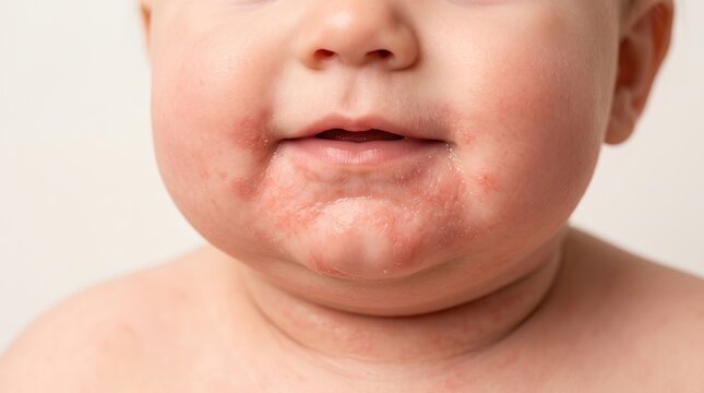 Close up of baby face with severe atopic dermatitis eczema or drool rash around mouth