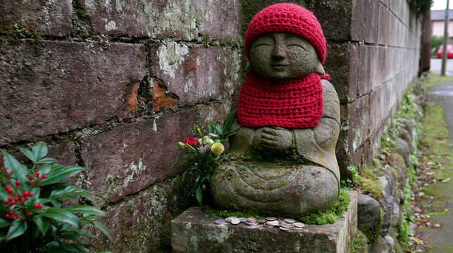 Weathered Stone Jizo Statue Standing in a Japanese Alley Corner