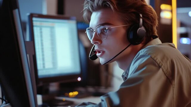 The shows a male individual focused on his computer screen, with headsets around his neck. The setting appears to be an office or workspace environment, and the person seems concentrated on his task.