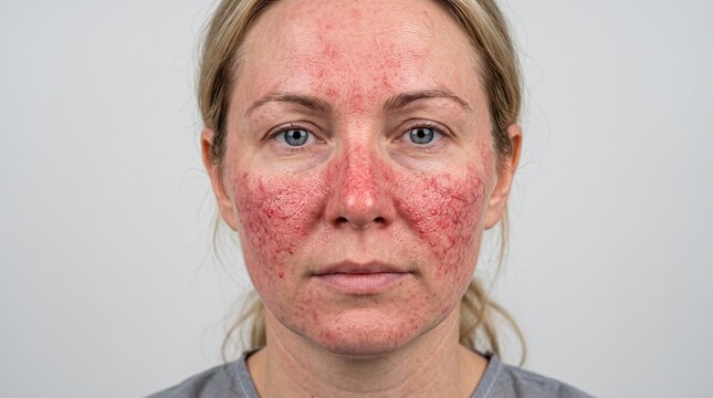 Portrait of adult woman face suffering from severe rosacea redness and broken capillaries
