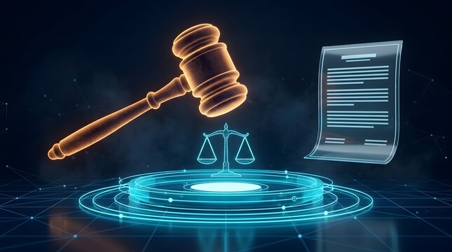Glowing holographic gavel and scales of justice with a digital smart contract representing cyber law and electronic compliance