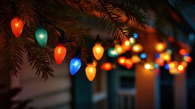 Colorful Christmas lights on pine tree branches at night with bokeh background