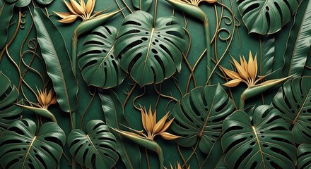 Obraz premium Exotic Tropical Jungle Leaves and Bird of Paradise Flowers with Gold Accents