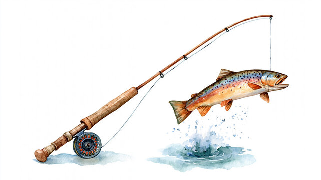 A watercolor illustration of a fishing rod catching a colorful fish, splashing water as the fish jumps out.