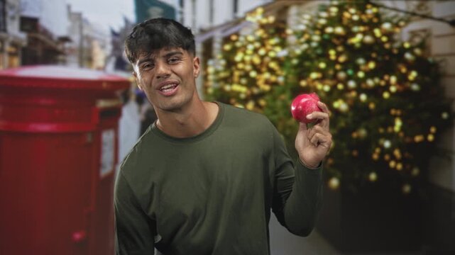 Man holding a red apple and pointing finger to it on a decorated street with a red postbox and lit holiday tree; playful holiday cheer.