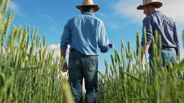 Farming partners in field discussion, Countryside agriculture in summer, Meadow walk by two farmers, Agricultural experts in wheat farm, Harvest planning in rural area, Collaboration in farming, Sunny