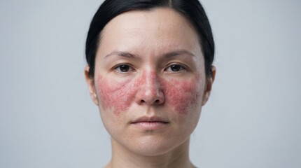 Naklejka premium Close Up of Woman Face with Malar Butterfly Rash Indicative of Lupus SLE