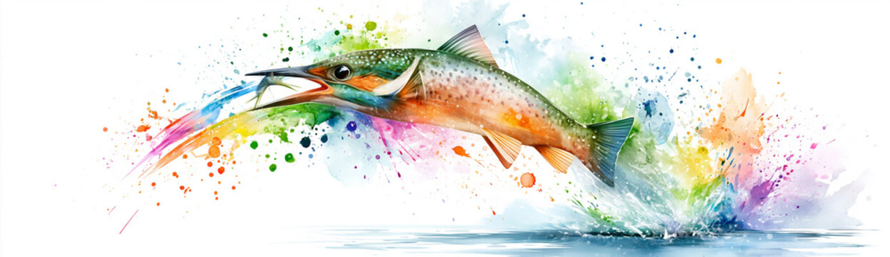 A vibrant watercolor painting of a trout leaping out of the water, blending splashes of colorful paint and dynamic motion.