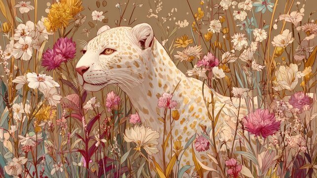 White leopard among wildflowers in soft botanical illustration style