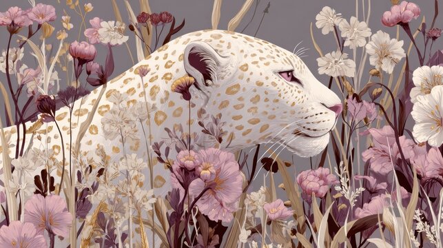 White leopard among wildflowers in elegant botanical illustration style