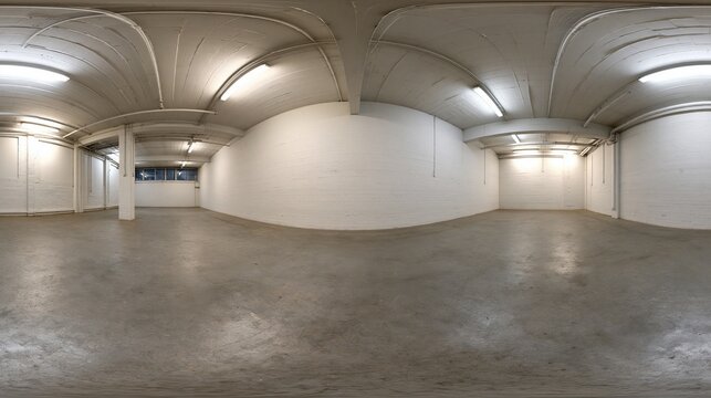 Empty concrete basement with white brick walls and arched ceiling illuminated by fluorescent lights creating a minimalist atmosphere