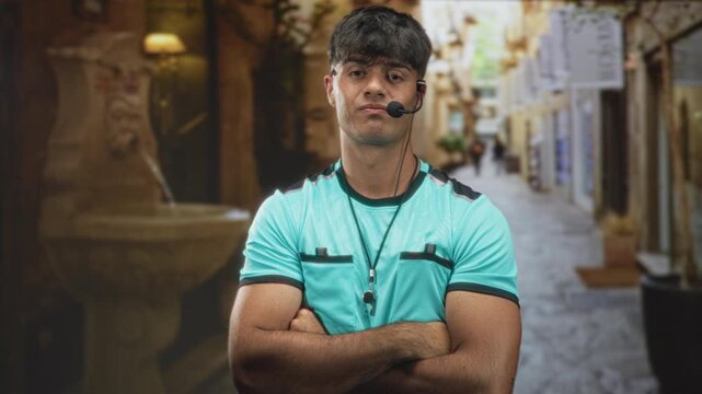 Man referee in turquoise uniform with whistle and headset, arms crossed on a narrow stone street; confidence duty.