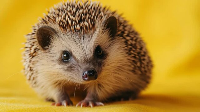Cute hedgehog with black spines sitting on yellow fabric background