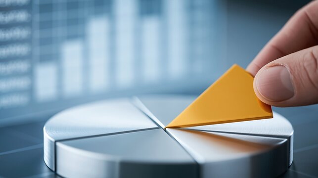 Close up of a hand placing a yellow triangular wedge into a metallic pie chart model with blurred office background