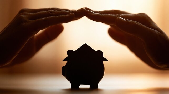 Silhouette of hands protecting a piggy bank shaped like a house against warm background symbolizing financial security