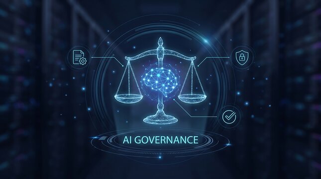 Digital conceptual illustration representing ai governance with glowing scales of justice and futuristic network data elements