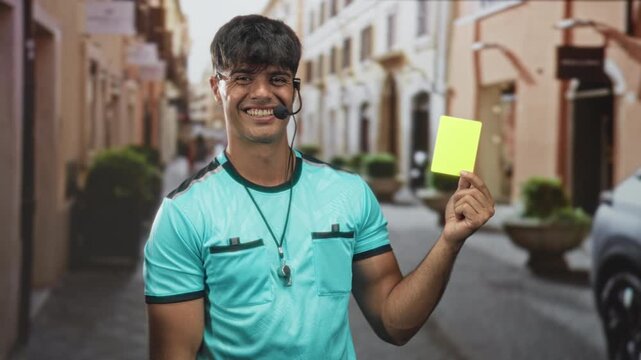 Man referee holding yellow card and pointing finger in street wearing microphone headset and teal uniform, smiling and presenting card; authority.