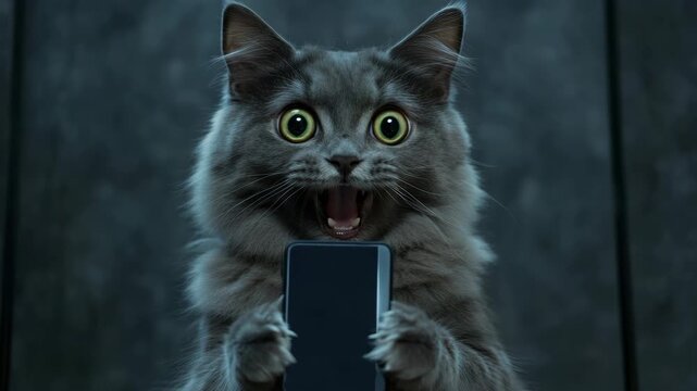 A grey cat's face in shock next to a smartphone.