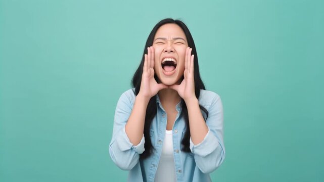 ミント色の背景で20代後半の女性が両手を口の左右に添え目を閉じて正面へ力強く叫ぶ