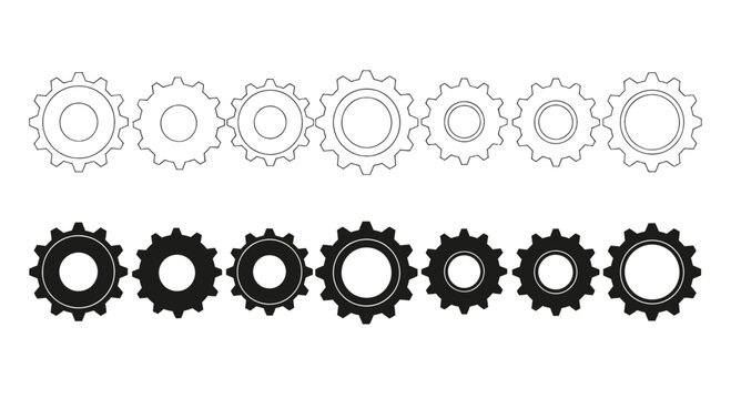 Two rows of contrasting gears: light gray top and dark bottom symbolize mechanical technology and engineering.