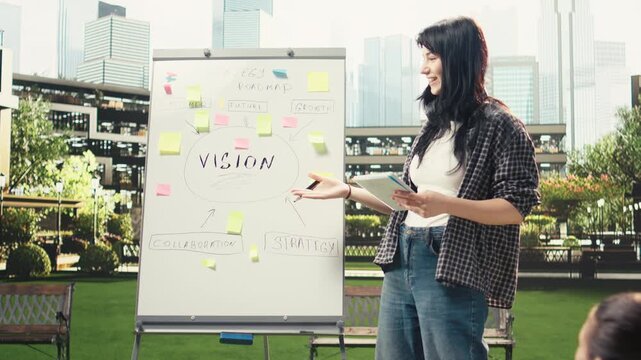 College student presents a strategy whiteboard with sticky notes to classmates during an outdoor campus tutoring session focused on project preparation.