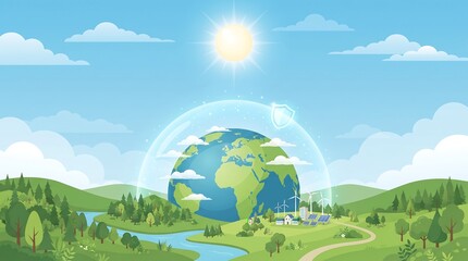 Naklejka premium World Ozone Day Concept – Earth Protected by Ozone Layer with Renewable Energy and Green Landscape