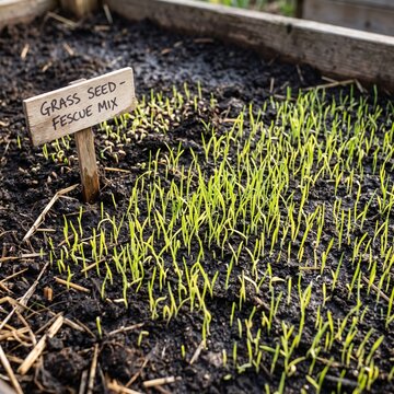 Grass seed germination in a garden bed with fescue mix  