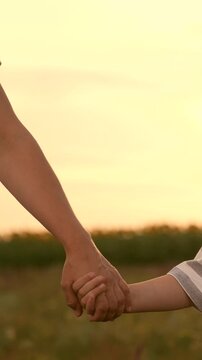 Family holding hands sunset, Happy child girl with parents outdoors, Childhood mother father happiness family, Togetherness love nature, Parents daughter enjoy evening, Smiling girl striped shirt