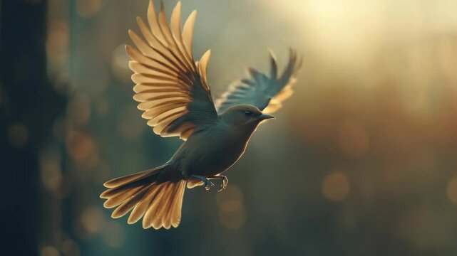 A single bird soaring against a backdrop of warm, golden light and blurred nature.