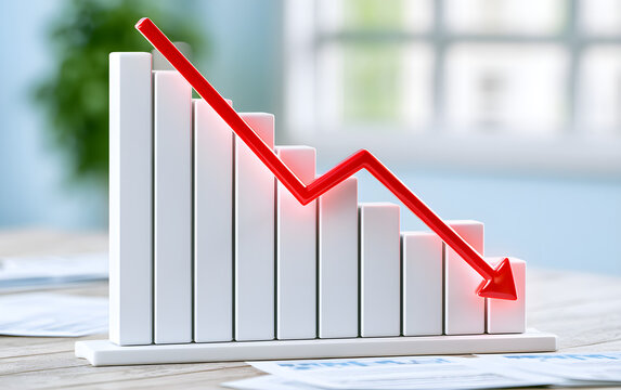 Red arrow pointing down on a financial bar graph, symbolizing a decline in stock market performance and economic downturn.