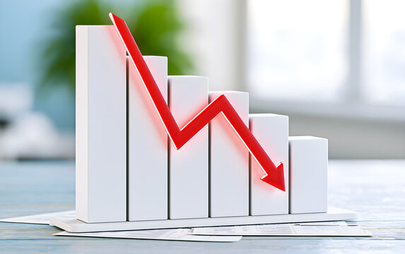 Red arrow pointing down on a financial bar graph, symbolizing a decline in stock market performance and economic downturn.