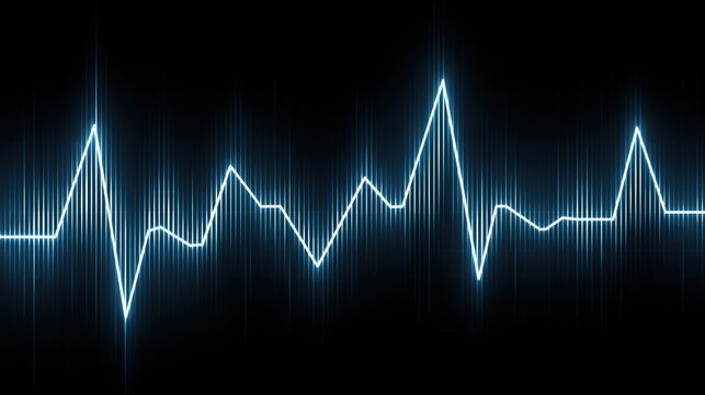 Glowing blue electrocardiogram waveform pattern on dark background displaying heart rhythm activity