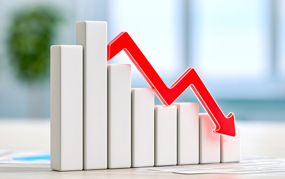 Red arrow pointing down on a financial bar graph, symbolizing a decline in stock market performance and economic downturn.