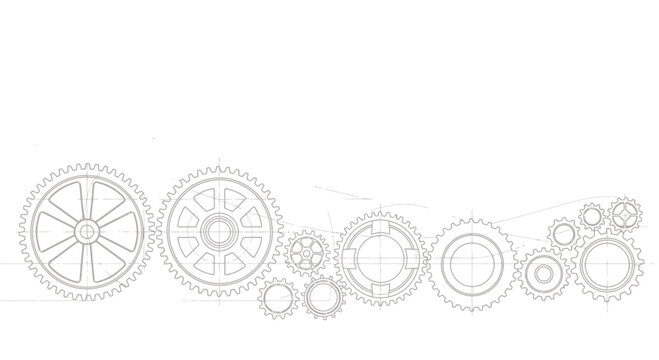 Series of interconnected gears and cogs forming an abstract mechanical illustration.
