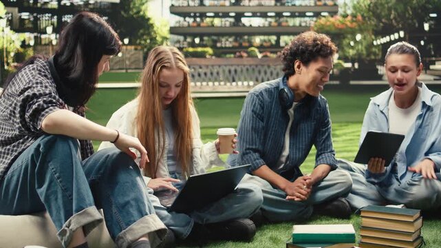 Diverse students check notes on tablet and laptop with a stack of books during outdoor campus study, sharing ideas for a collaborative academic project.