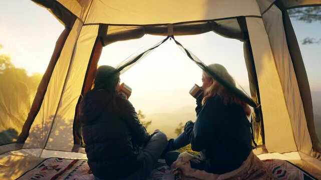 Adult woman lesbian couple camping sitting by tent with drinking hot coffee on mountain. Asian women enjoy outdoor active lifestyle travel relaxing nature therapy, forest bathing on holiday vacation