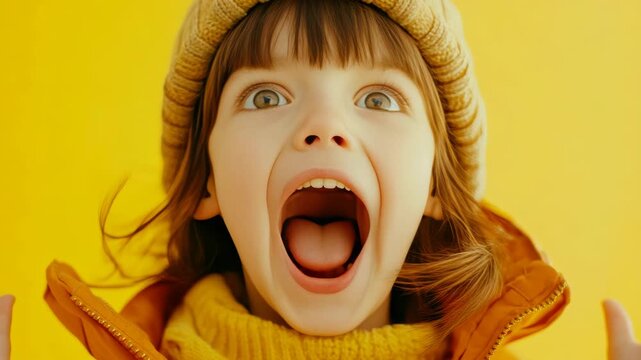 Joyful child with wide-open smile and excited facial expression.