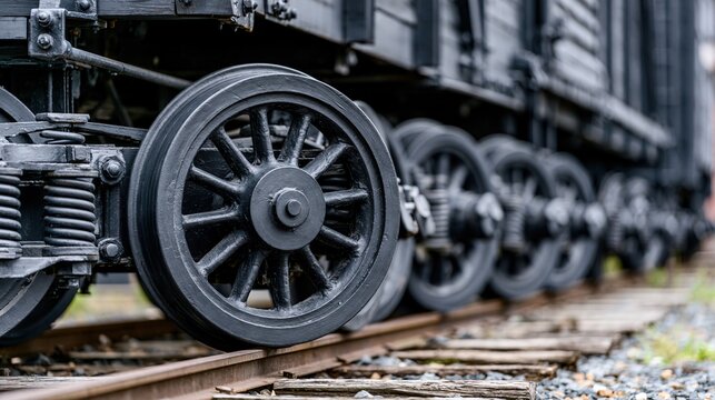 Close-up view of black metal train wheels resting on rusted railway tracks with wooden sleepers and gravel ballast