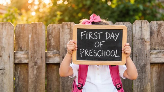 Little preschool girl holding chalkboard sign for first day of school outdoors with pink backpack and warm morning sunlight, copy space.